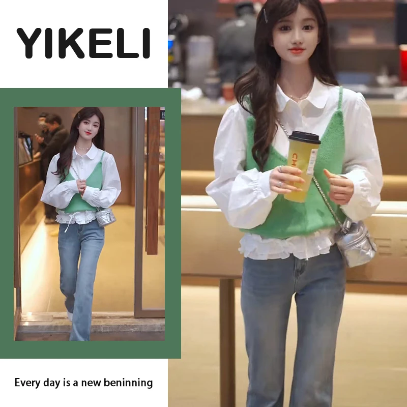 春季温柔系穿搭女2025新款韩版木耳边衬衫针织吊带微喇裤三件套潮