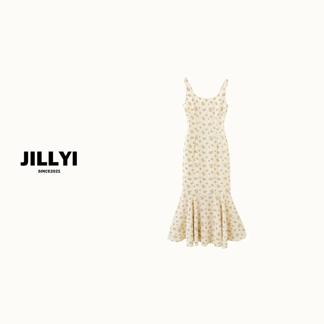JILLYI南山店【奶油月桂】淡黄色雏菊碎花清新端庄吊带连衣裙公主气