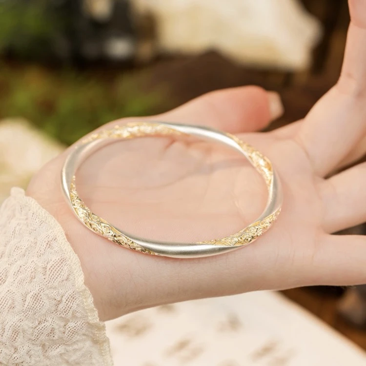 足银手镯 足银999浮云卷手镯女纯银镯子卷草纹繁花手环礼物