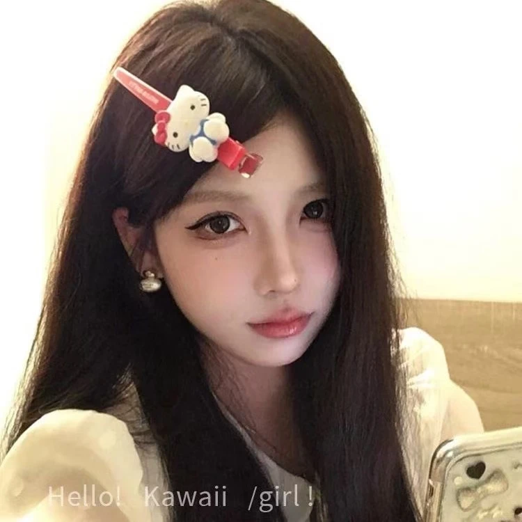 卡通可爱HelloKitty发夹少女心长款红色KT猫咪刘海夹无痕侧边夹子
