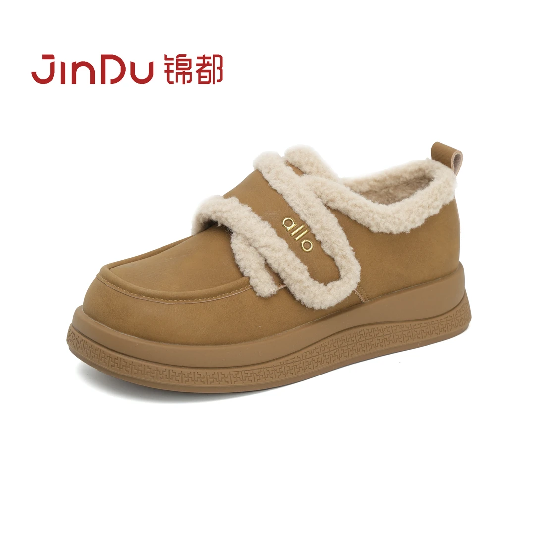 JINDU/锦都休闲风勃肯鞋冬季圆头时尚休闲鞋豆豆鞋短筒百搭厚底