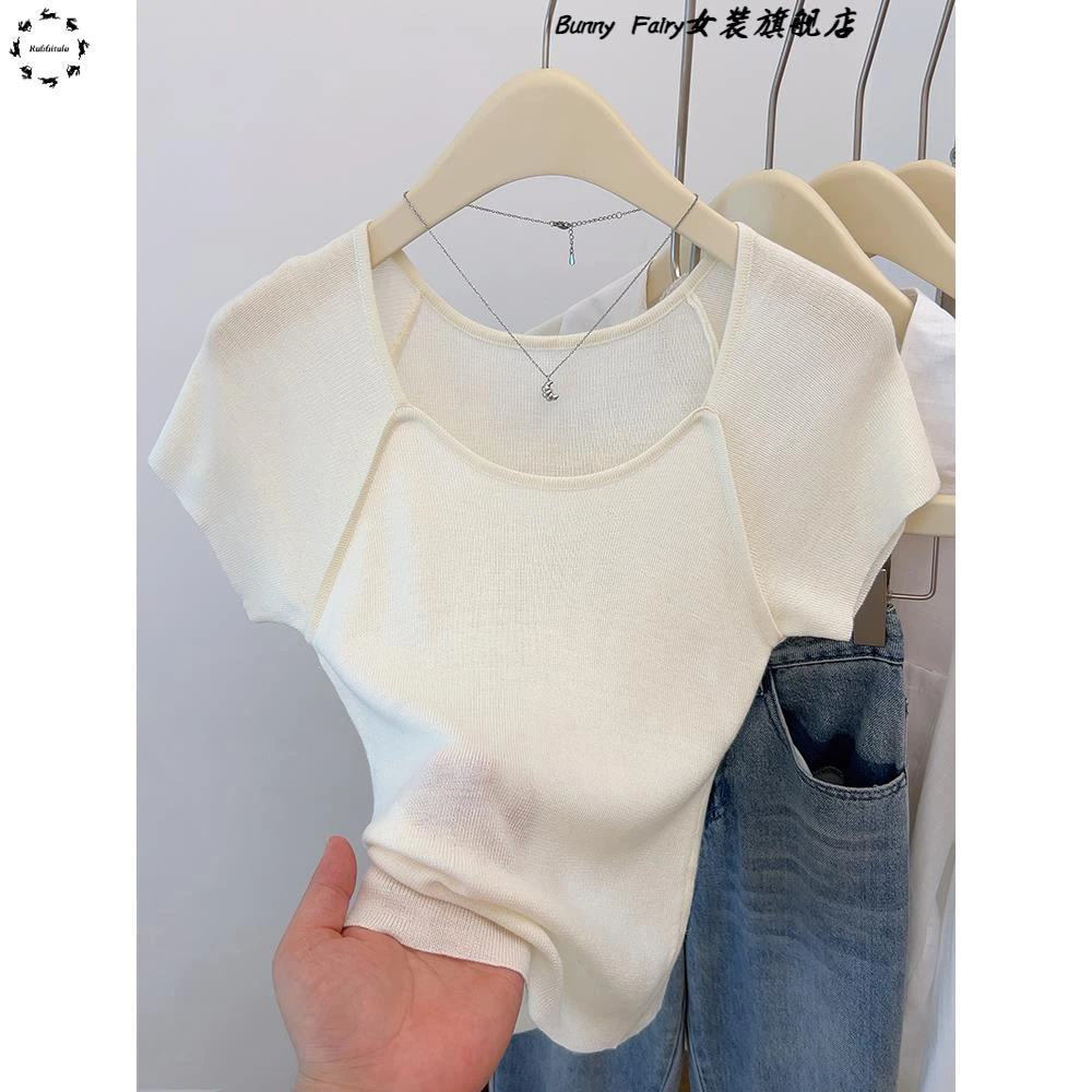 粉色冰丝薄款方领短袖针织衫女夏季设计感修身显瘦拼接短款小上衣