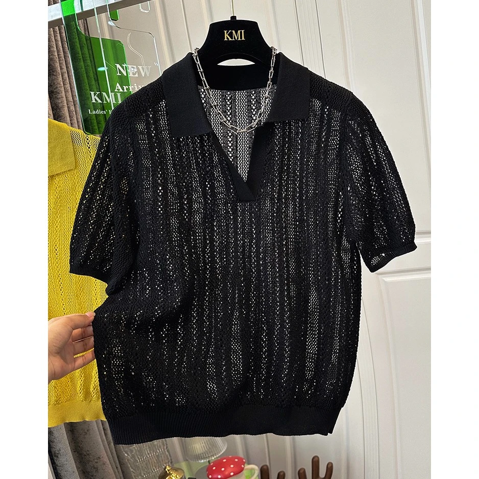 特大码300斤潮流镂空高级感翻领短袖T恤男女夏季宽松薄款时尚上衣