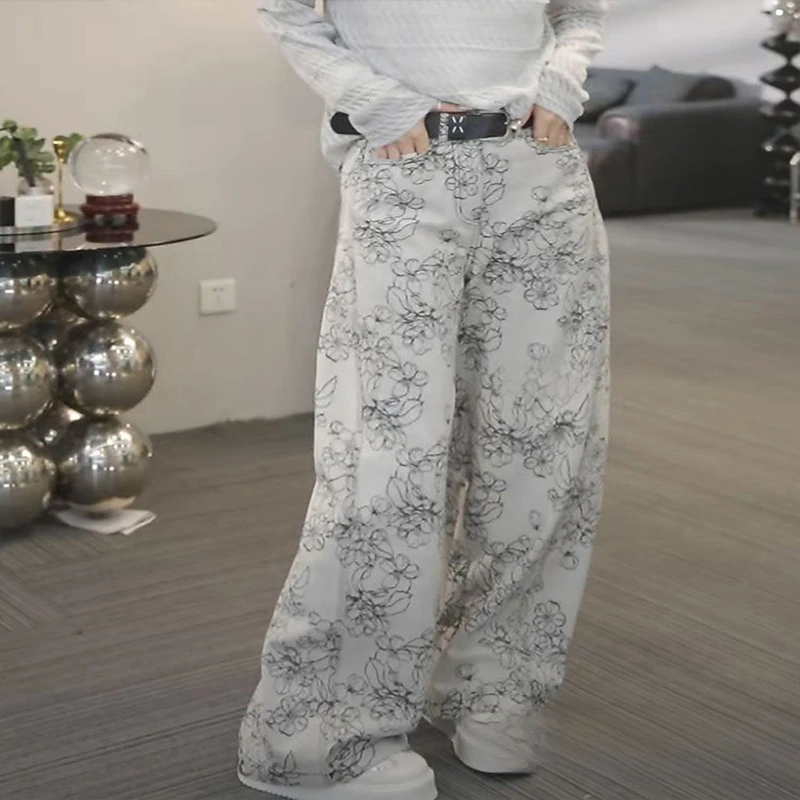 韩系温柔风花卉印花牛仔裤女2025夏季新款百搭直筒阔腿拖地长裤潮