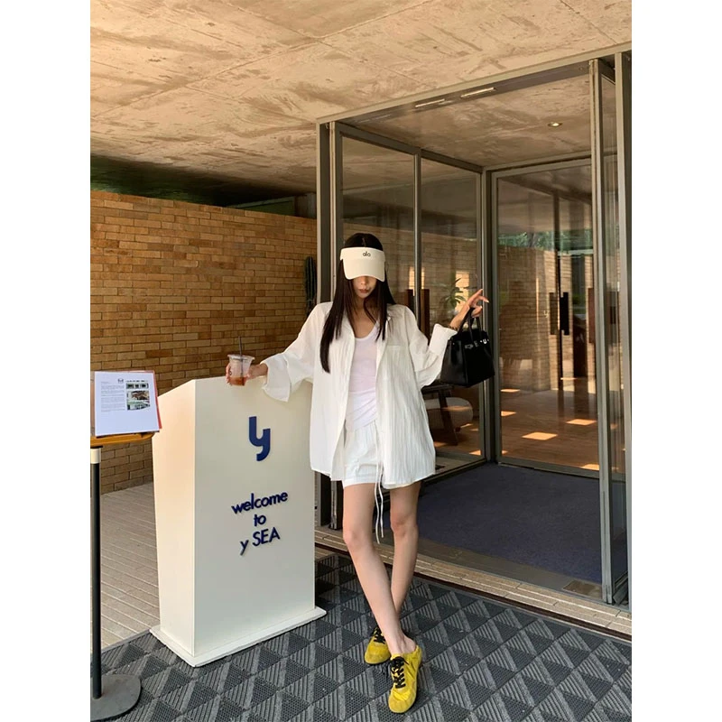 韩系夏季2025新款松弛感休闲百搭防晒白色长袖衬衫上衣高腰短裤女