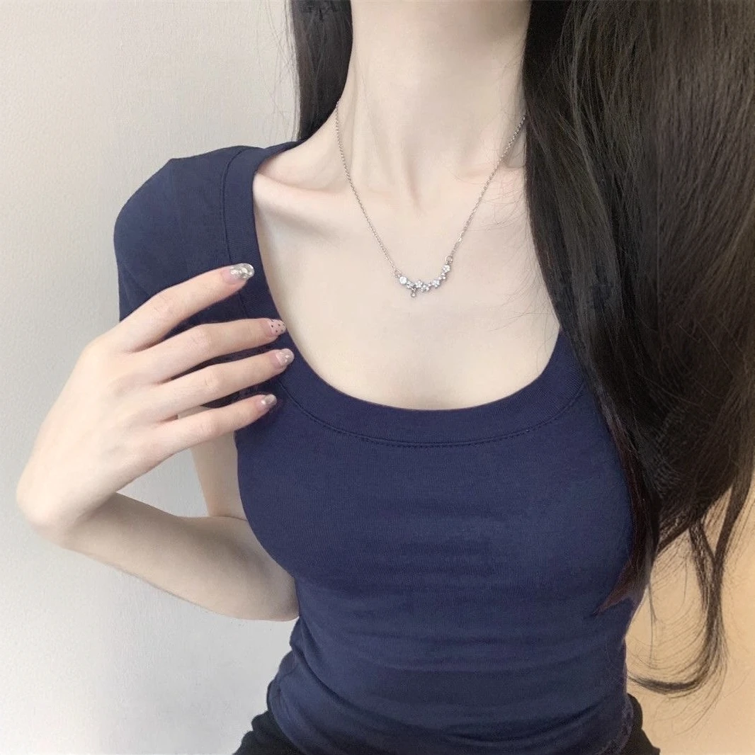 2025夏季新款时尚T恤外穿正肩U领短袖修身显瘦纯色显白百搭上衣女