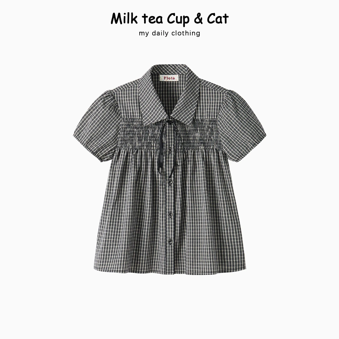 【现货】韩系格纹娃娃衫泡泡袖气质减龄百搭时尚显瘦短袖T恤上衣女