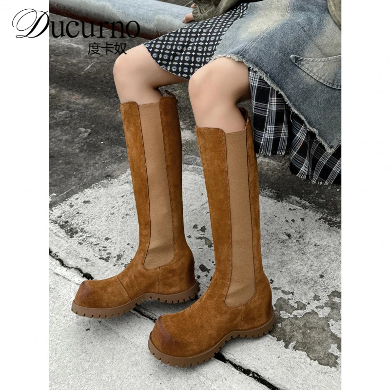 6.5cm真皮骑士靴女英伦风厚底内增高长筒靴磨砂美拉德烟筒长靴子
