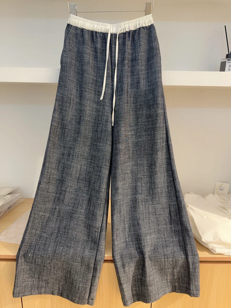 麻料牛仔蓝阔腿裤