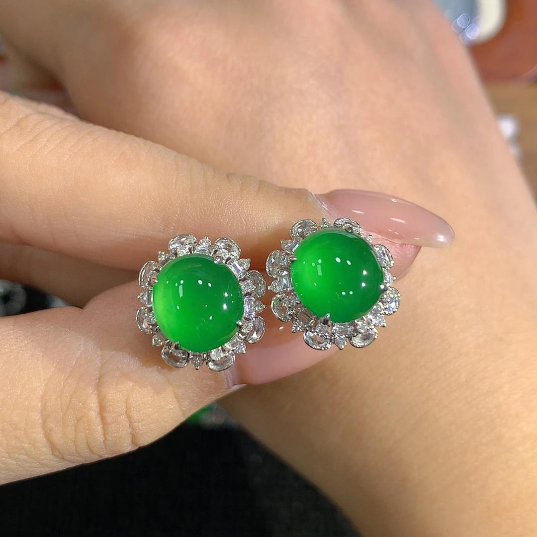 ****具翡翠18K金镶嵌耳饰蛋面