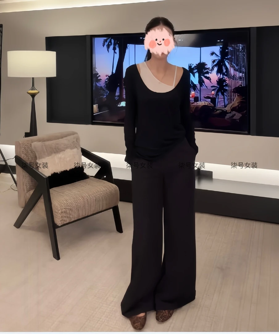 2025早秋新款时尚百搭真两件修身显瘦长袖上衣高腰直筒长裤套装女