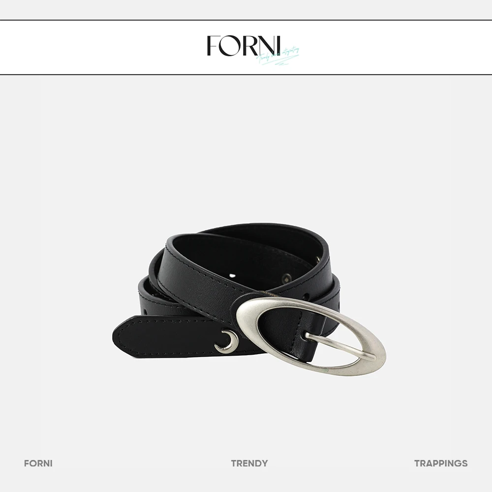 FORNI 原则 二层牛皮椭圆扣皮带时尚黑色复古牛仔裤腰带