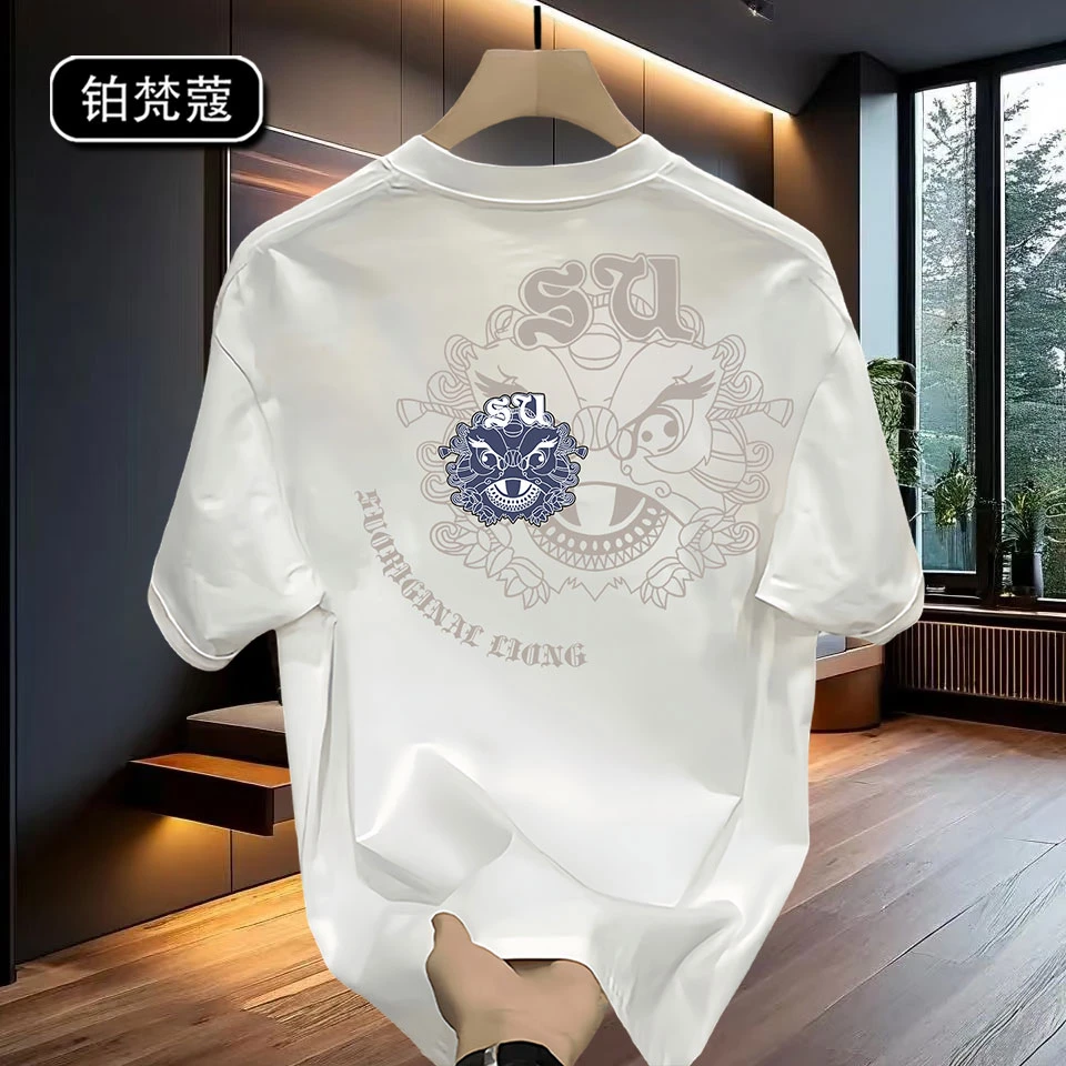 铂梵蔻休闲大码T恤上衣夏季痞帅纯棉宽松男士印花短袖圆领美式潮