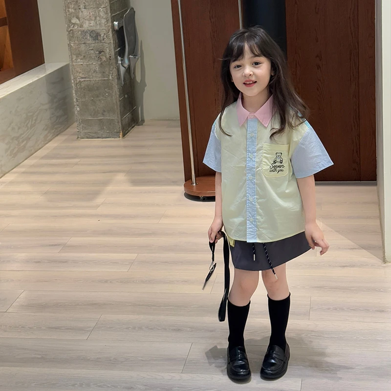 SKE2528女大童韩版时髦撞色短袖衬衫夏装儿童休闲半身裙套装