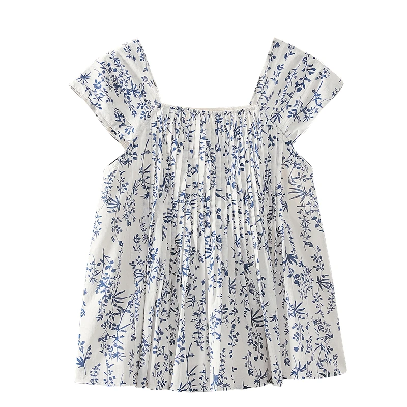 她池2025夏装新款女装甜美减龄捏褶方领短款碎花背心T52B1910G