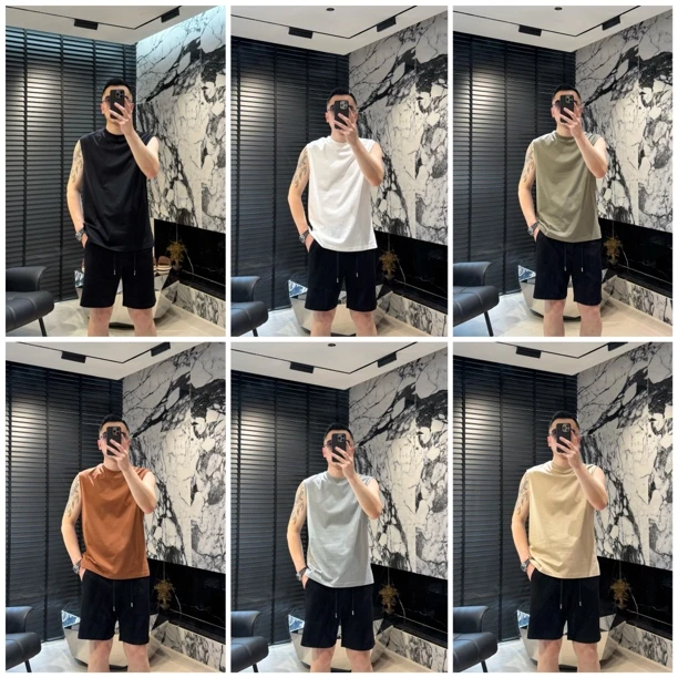 男款夏季新款简约百搭无袖背心纯色轻奢时尚坎袖T恤上衣