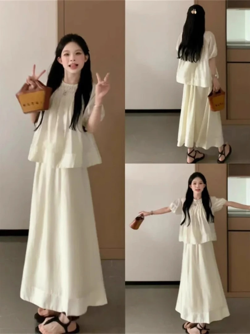 春夏搭配一整套时尚减龄套装女气质泡泡袖上衣裙子韩剧穿搭两件套