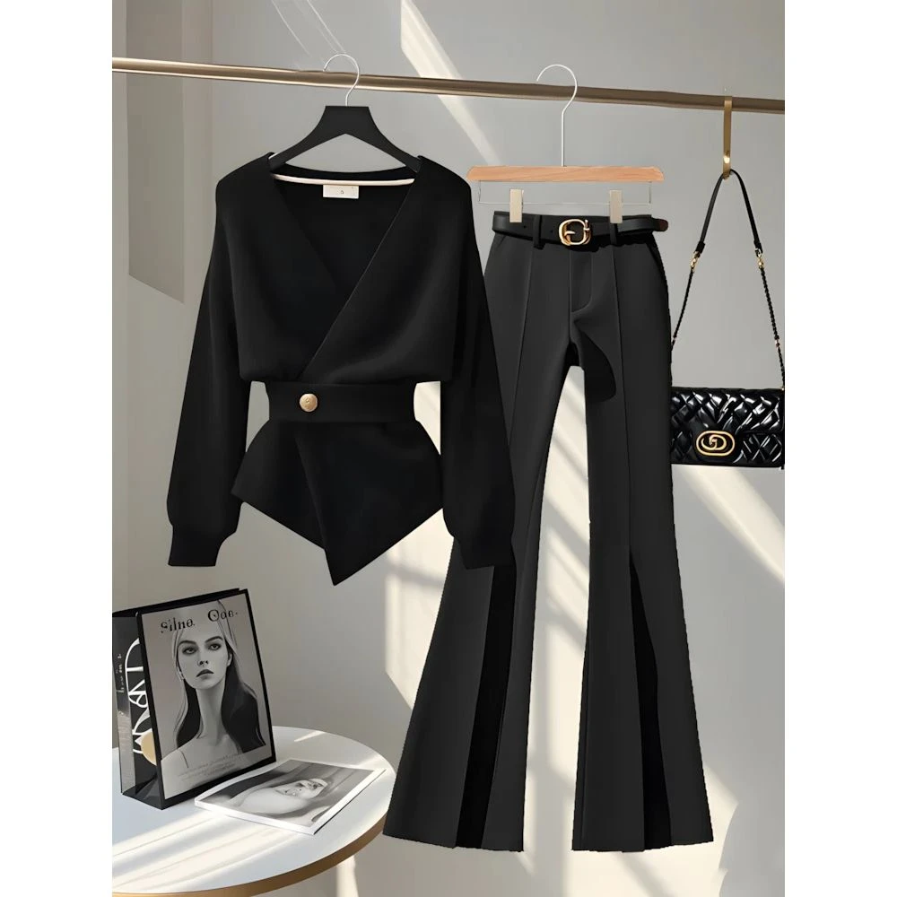 轻熟风气质秋冬套装新款收腰显瘦针织上衣休闲裤时尚小香风两件套