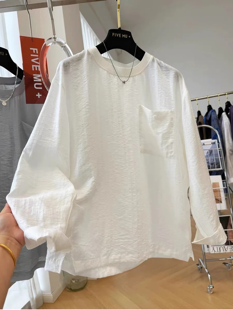 高级感宽松舒适百搭慵懒风亚麻白色长袖空调衫女式出游圆领防晒衫