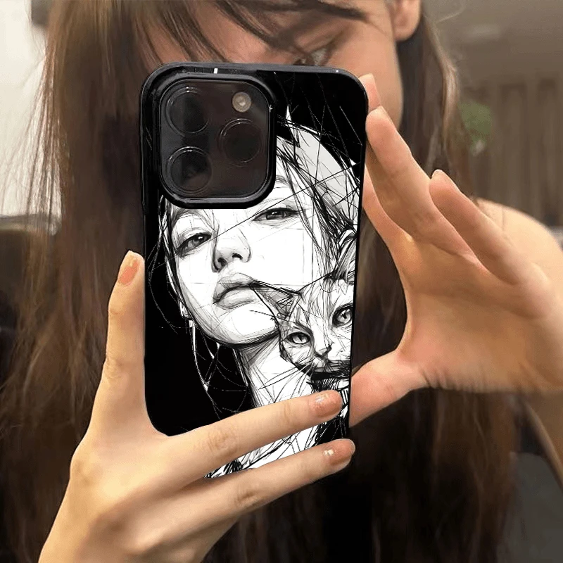 素描猫咪女孩适用苹果16promax/15手机壳13华为vivo小米oppo果冻