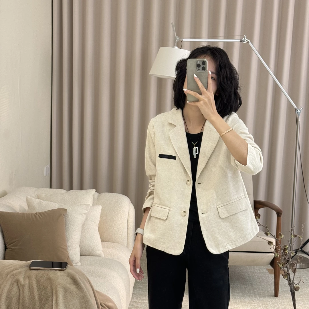 喜樂  2025编制亚麻拼条西装外套春季新款时尚百搭休闲女士上衣