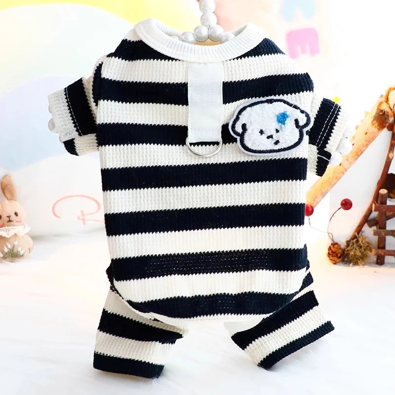 可牵引狗狗衣服春秋装华夫格比熊泰迪柯基柴犬条纹四脚小型犬衣服