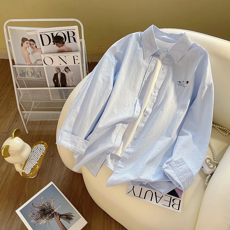 小狗刺绣简约蓝色衬衫外套上衣女长袖宽松显瘦百搭休闲中长款衬衣