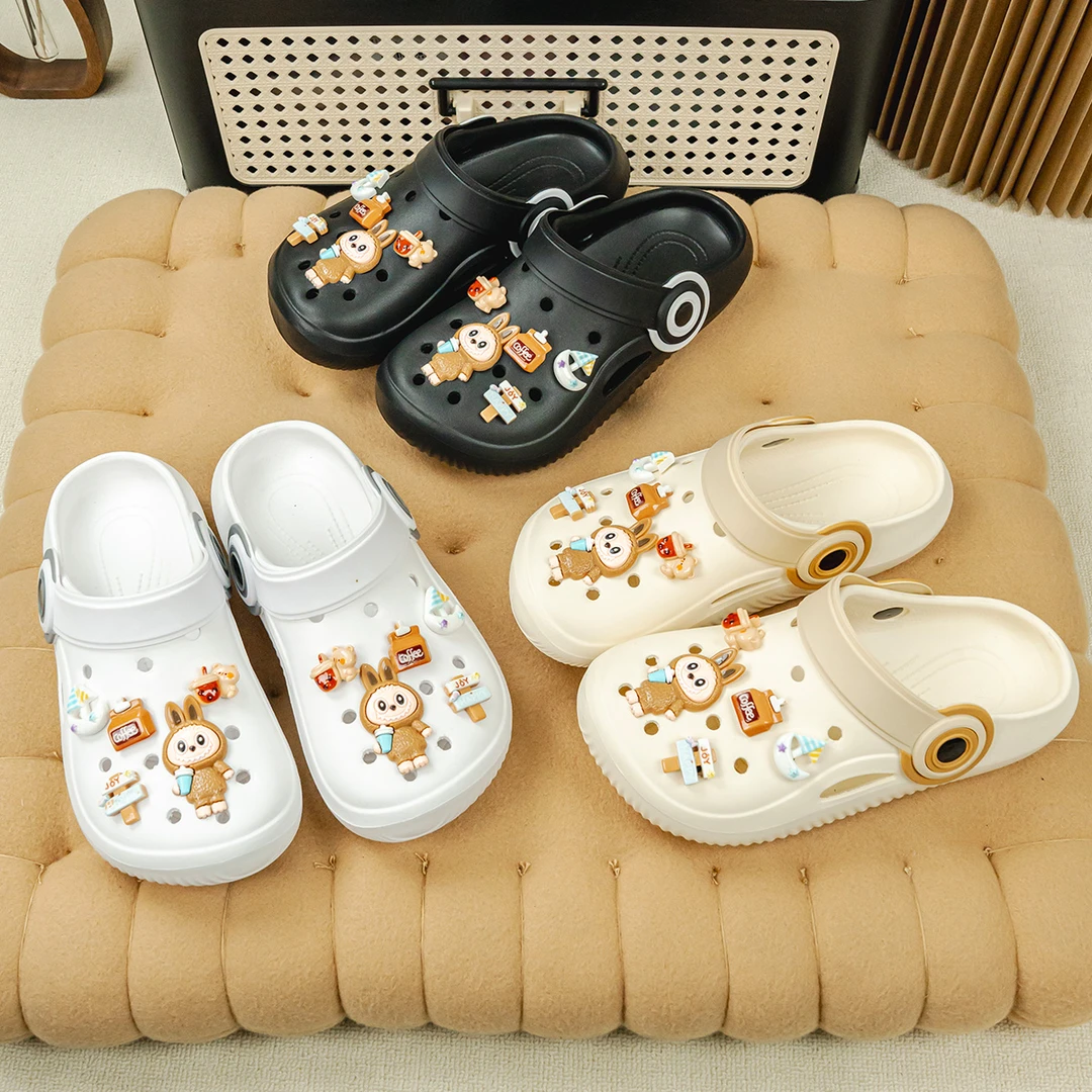 新款咖啡拉布布百搭EVA洞洞鞋女外穿平底防滑拖鞋时尚包头凉鞋