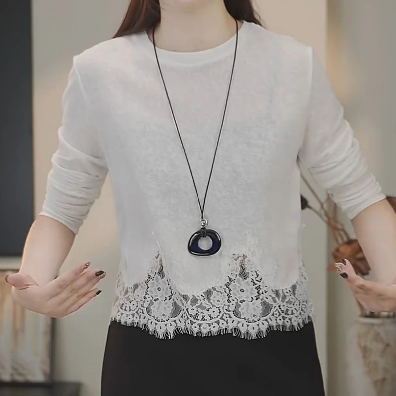 极简风圆领蕾丝针织长袖T恤百搭打底衫LK2506617