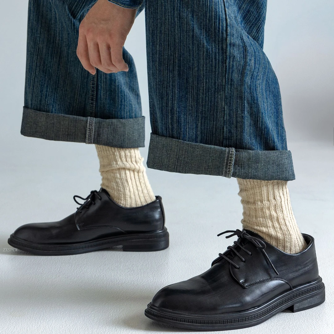 黑色袜子男女中筒日系粗线秋冬厚复古美式皮鞋长袜英伦毛线堆堆袜