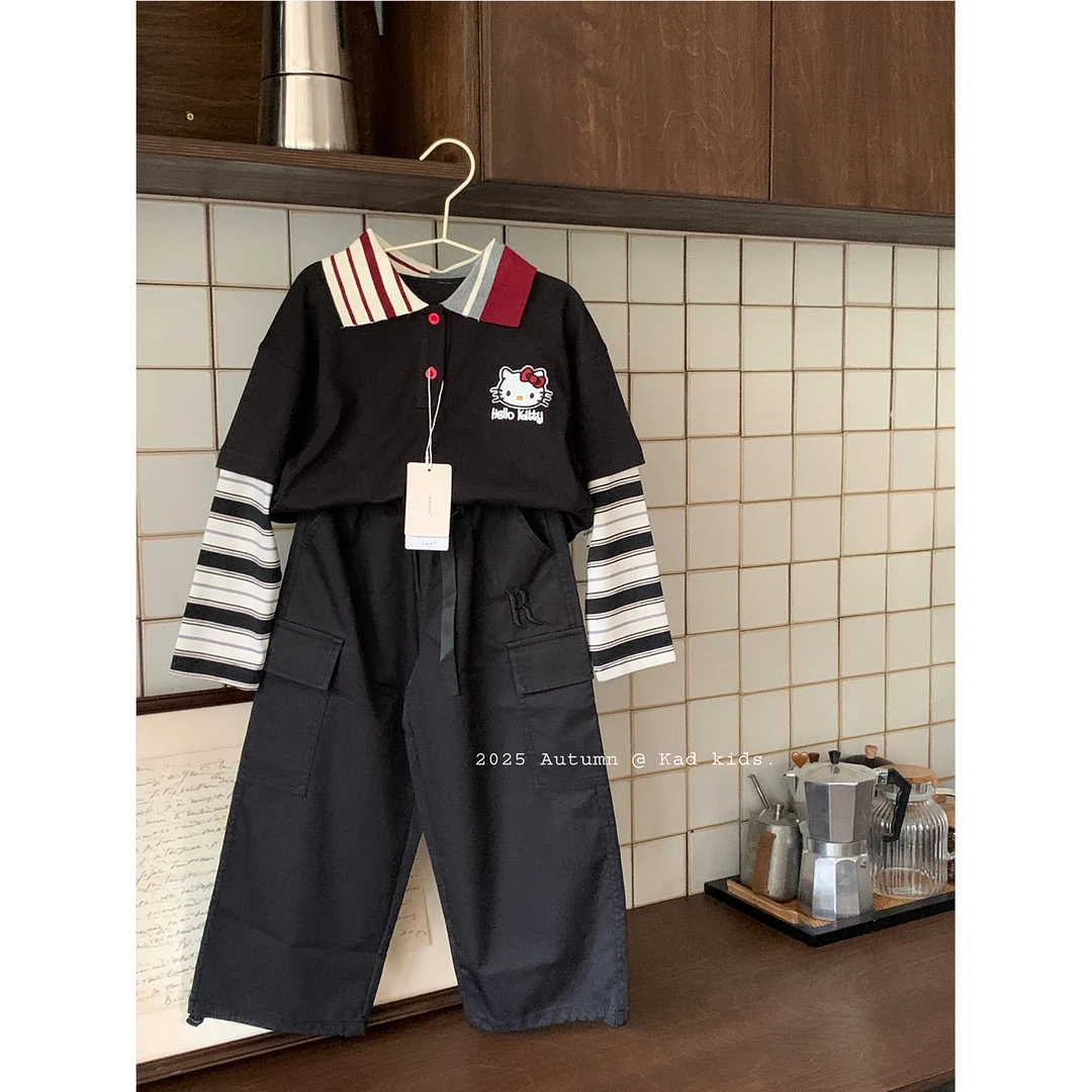 K5104-条纹袖POLO衫+V5185-黑色工装休闲裤