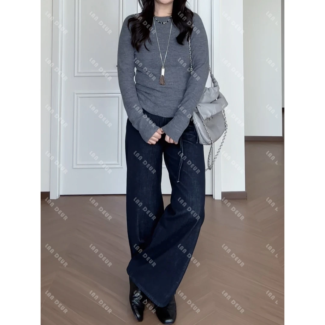 【复古年代】复古水洗靛蓝色小众时尚休闲微喇牛仔拖地裤子女