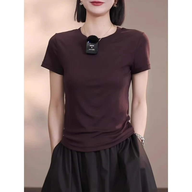 芯娇晴莱赛尔天丝紫色短袖t恤女夏2025新款正肩体恤舒适百搭上衣