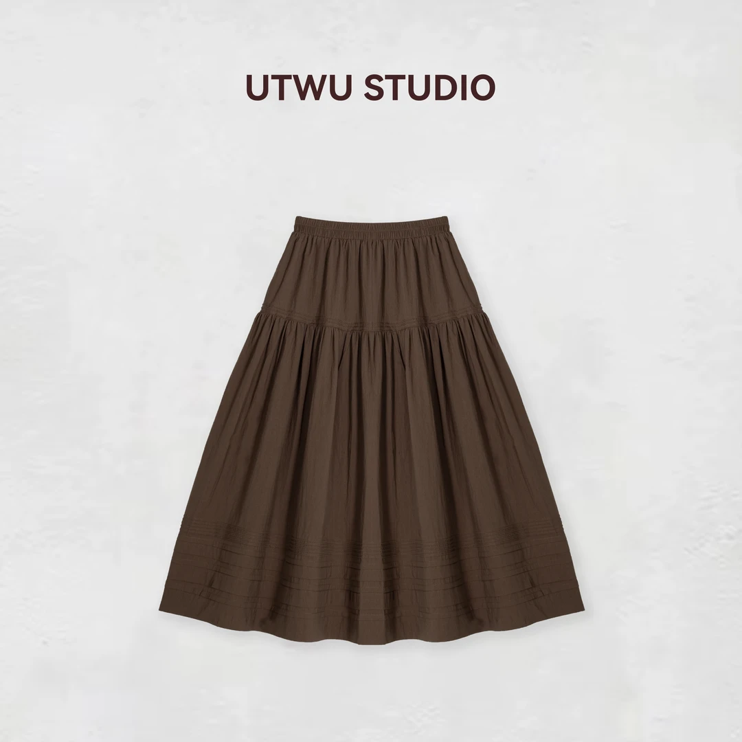 UTWU小敏「贝加尔清晨」棉混纺小众设计感褶皱花边中长半裙S25B1008