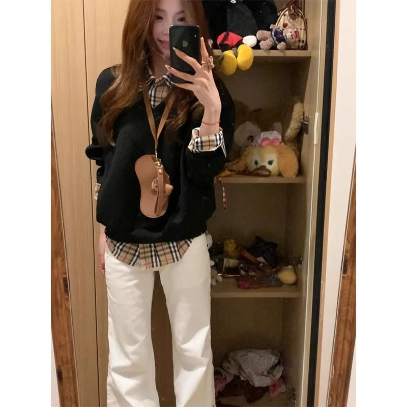 美式高街oversize撞色格子假两件卫衣女春秋慵懒秋冬加绒上衣外套