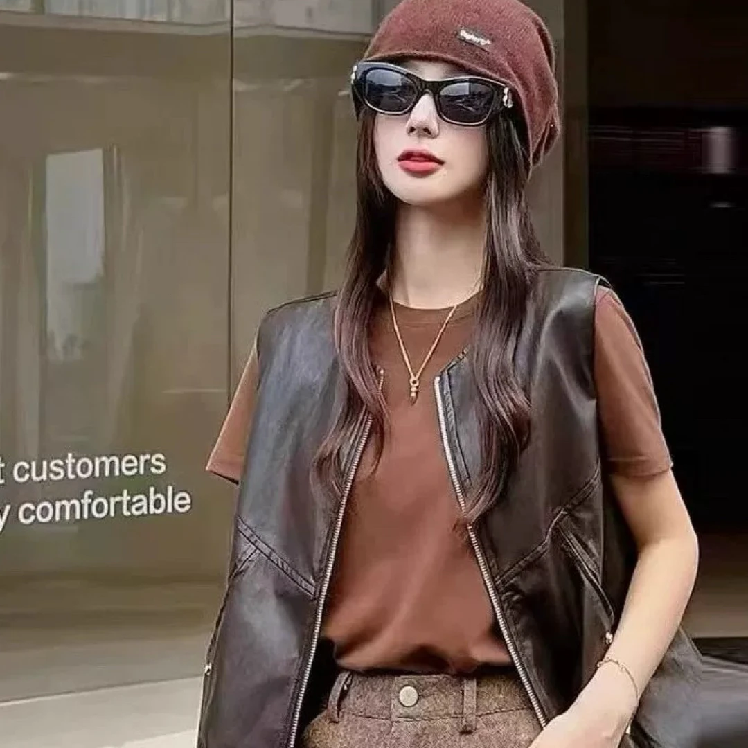 高端欧货早秋圆领拉链坎肩无袖机车服夹克外套pu皮马甲A26