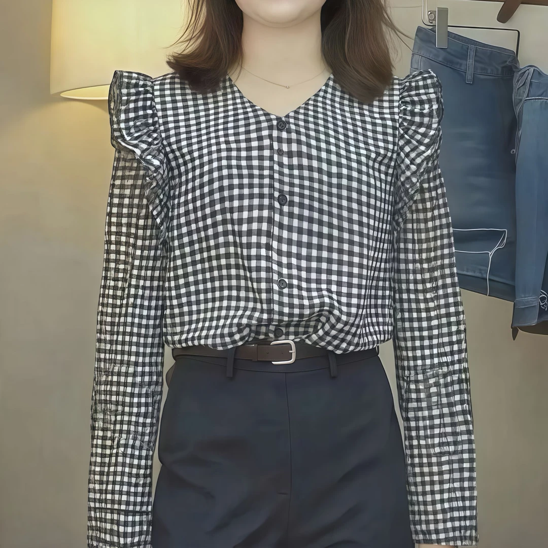 2025秋季新款荷叶边格子衬衫女通勤款式百搭显瘦时尚气质上衣潮流