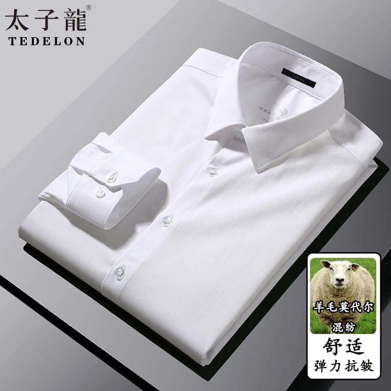 TEDELON/太子龙【莫代尔】男士长袖含绵羊毛纯色衬衫春秋季抗皱衬衣
