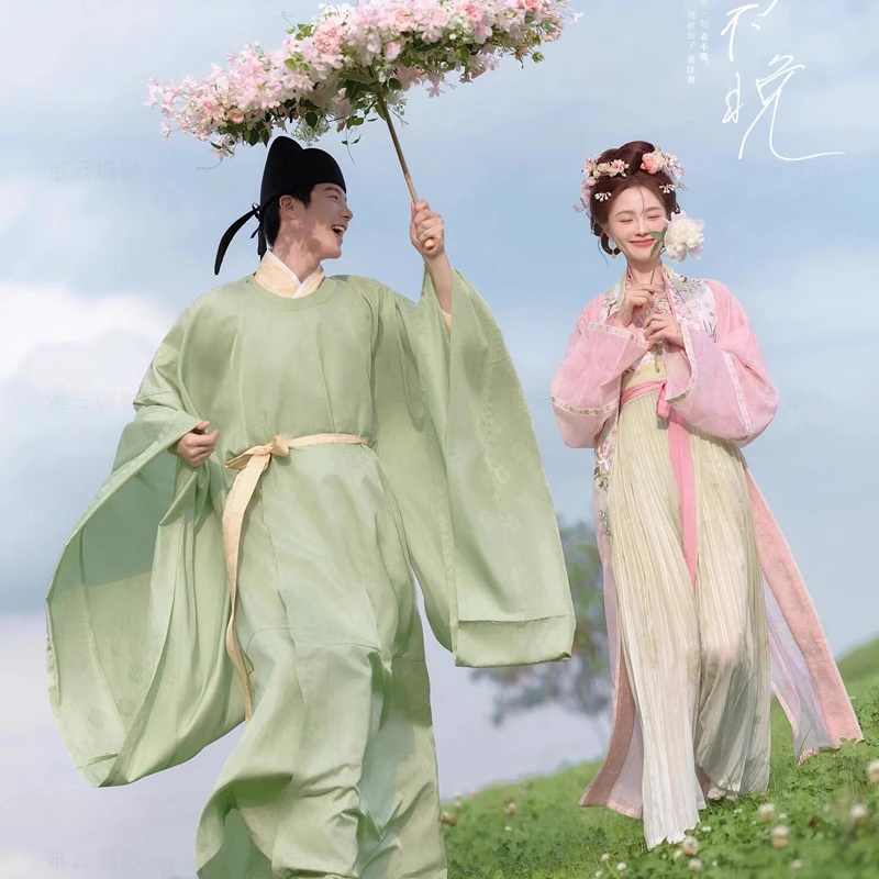 新款影楼情侣主题服装田耕纪汉服俏皮可爱婚纱照小清新粉绿色唐装