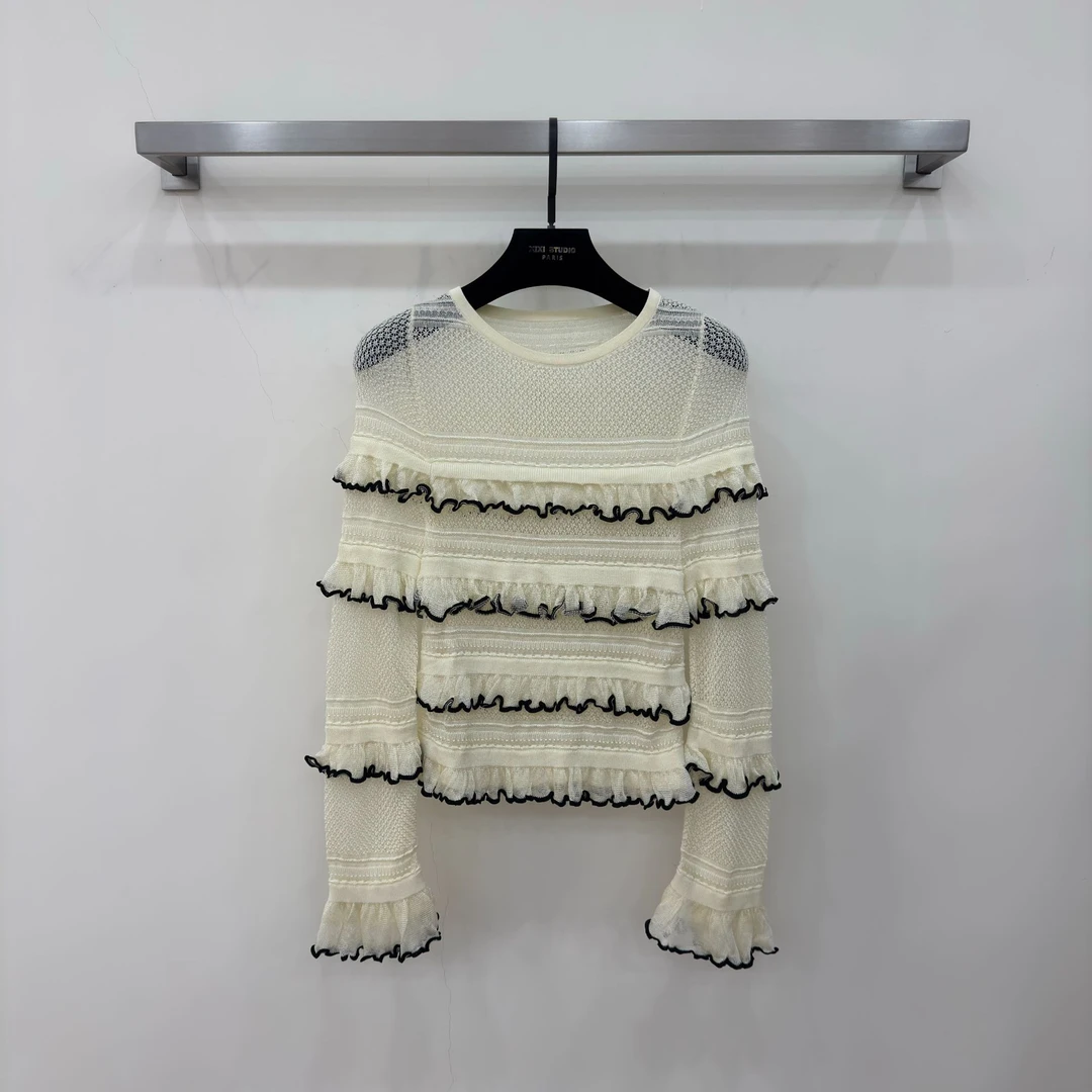 【西西高定】小众荷叶边设计长袖微透针织上衣