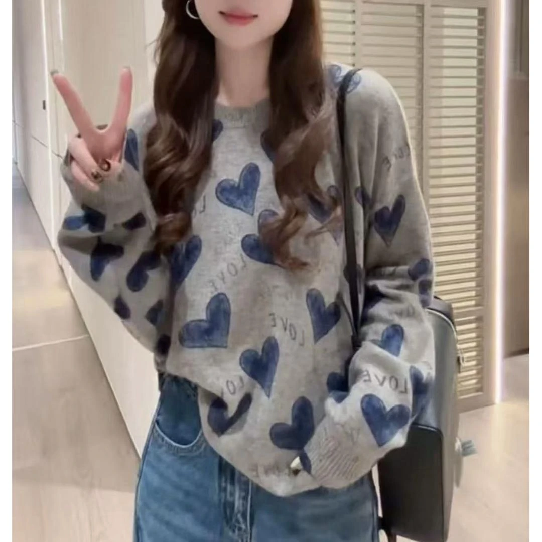 慵懒风气质宽松氛围感针织衫设计感减龄套头爱心字母毛衣