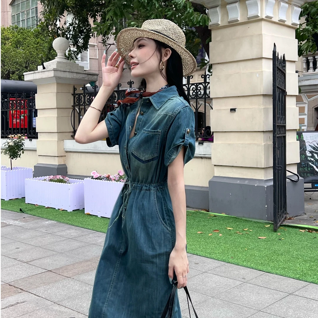 Huangxiaoqi Cowboy高端速干显瘦休闲收腰连衣裙女8225