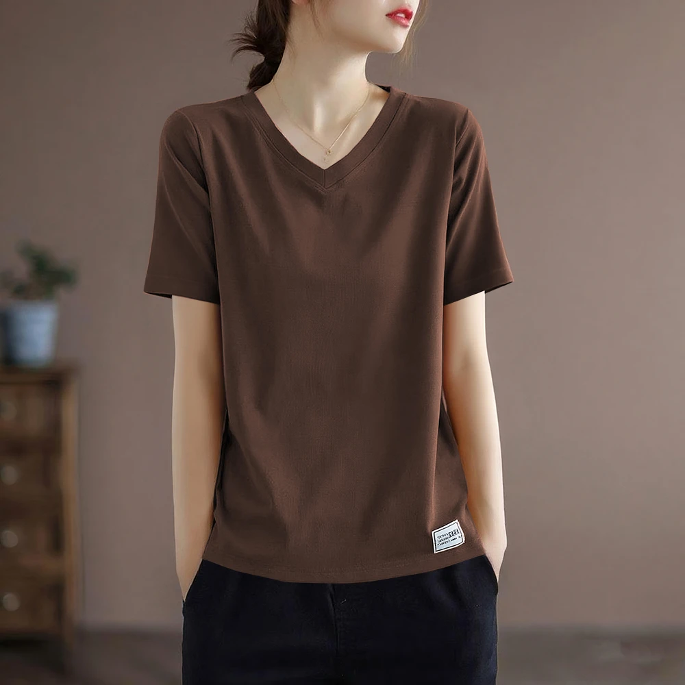 夏季新款韩版宽松外穿小众别致大码纯色简约百搭短袖遮肚T恤衫V领