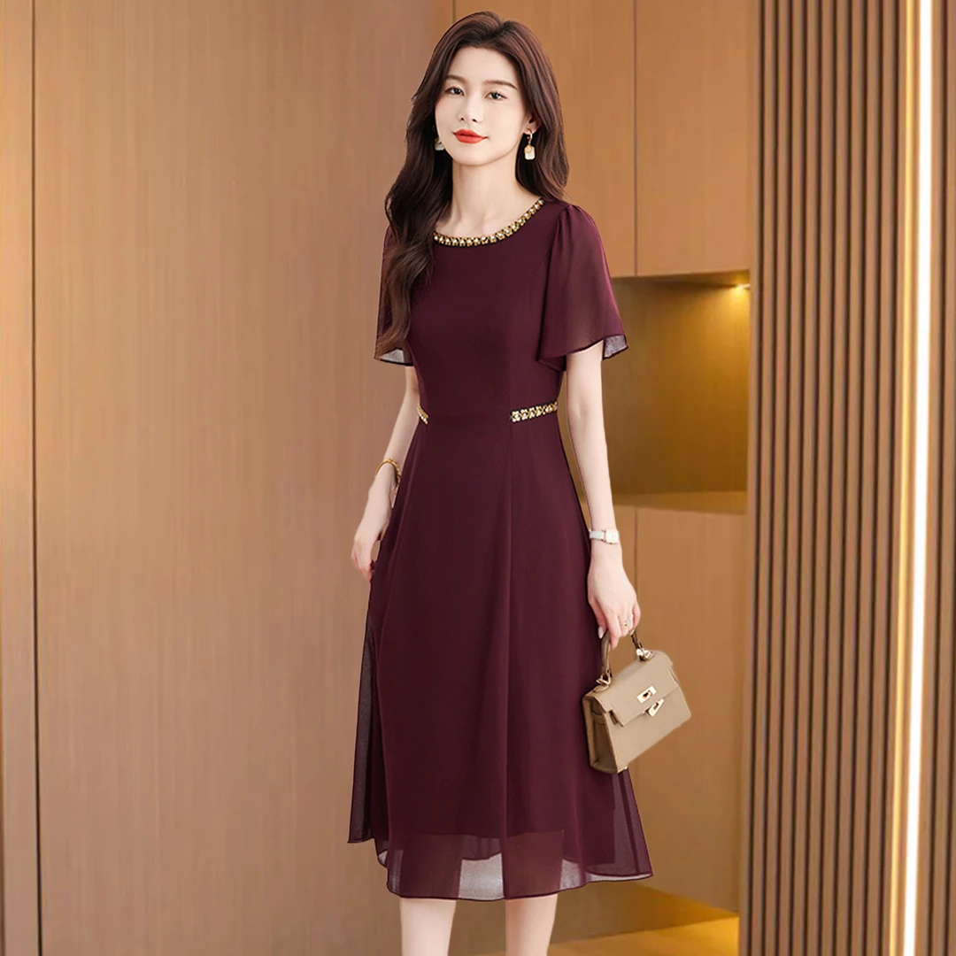 喜婆婆妈结婚宴中式礼服红色雪纺连衣裙子职业轻奢高贵女2025新款