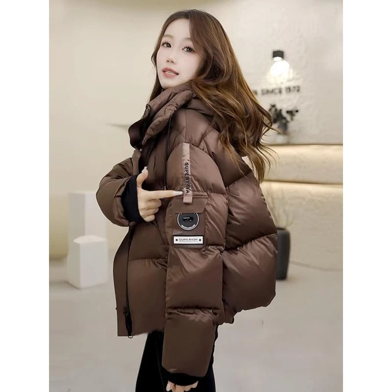 2025冬季新款女士泡芙咖色衣洋气加厚面包服短外套连帽棉袄