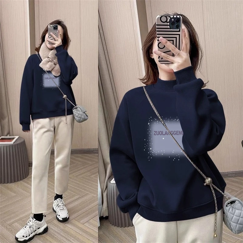 半高领套头卫衣女设计感小众宽松休闲百搭洋气上衣加绒加厚秋冬季