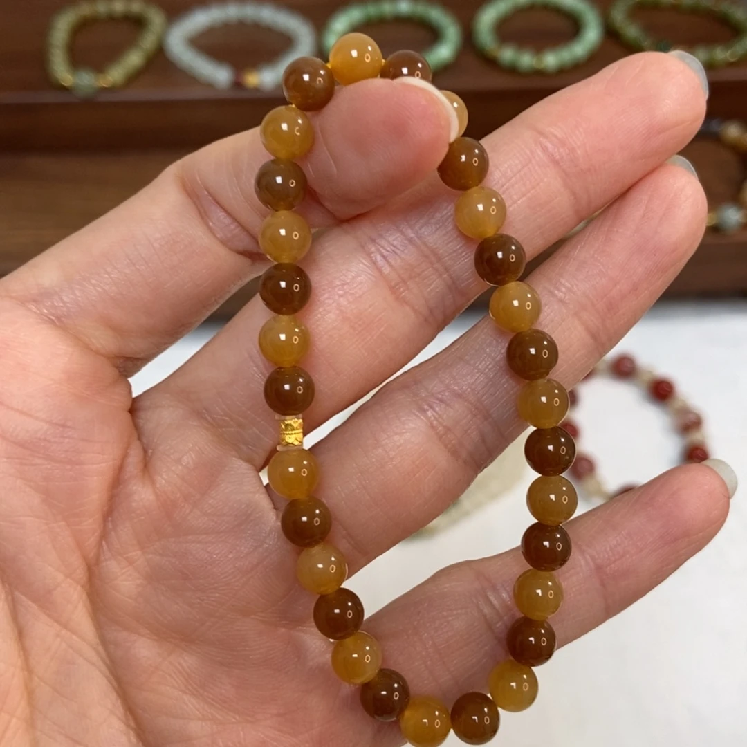 和田玉18K金镶嵌手链6mm且末糖双色