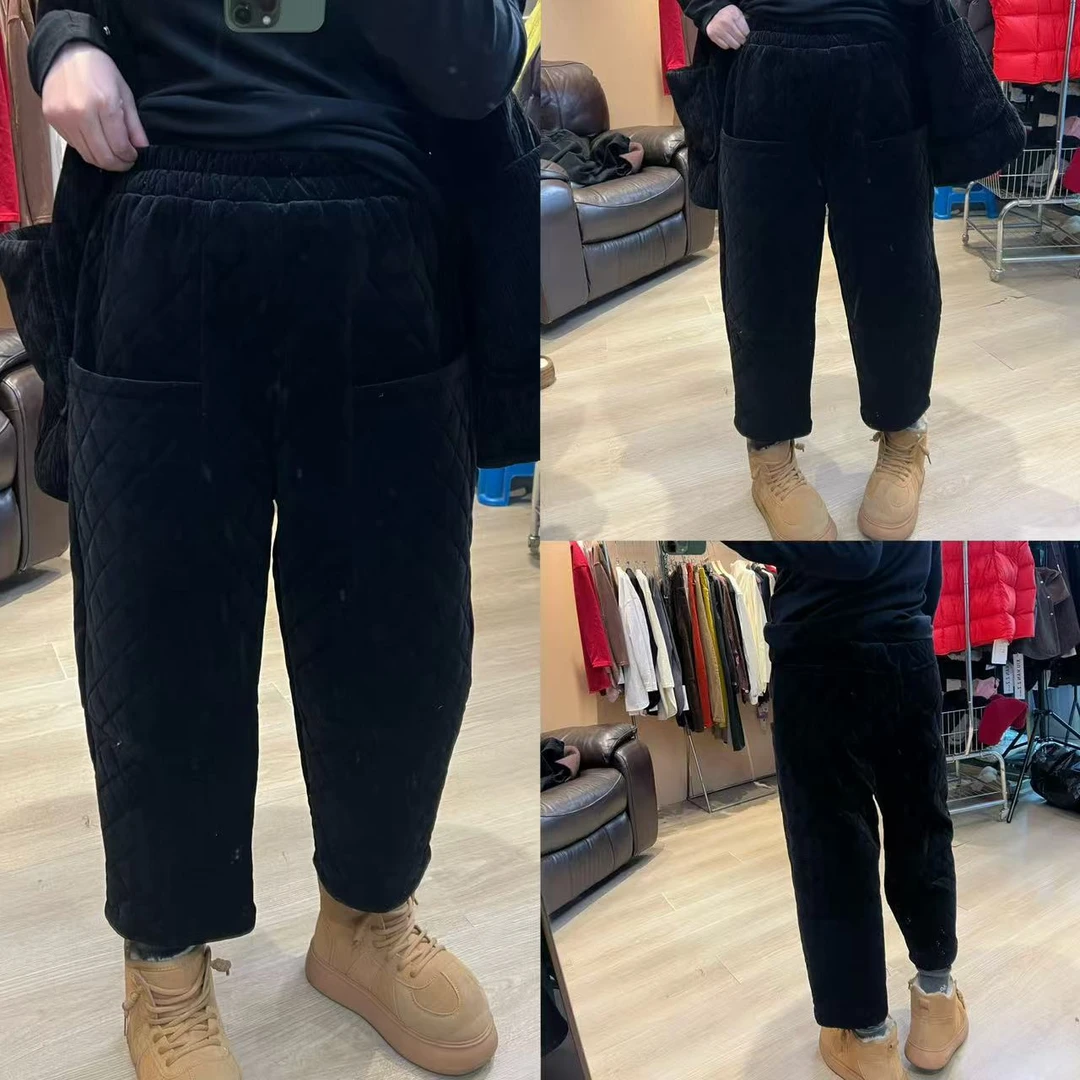 复古刀切棉夹棉棉裤 女加厚保暖菱格休闲裤宽松（卡码拍大）