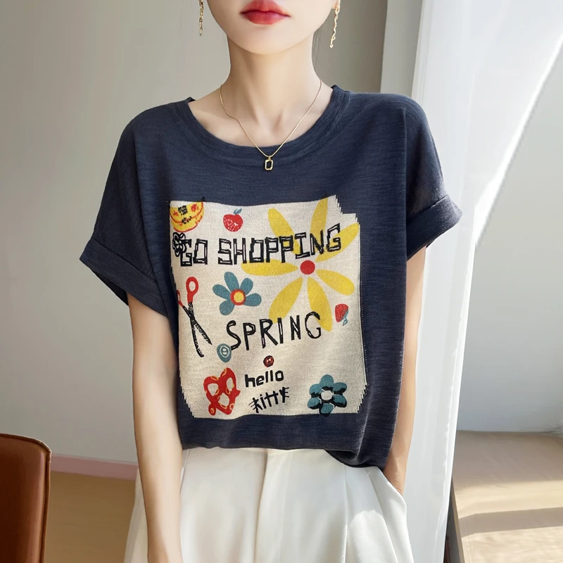 短袖T恤女2025夏季新款韩版宽松圆领印花减龄落肩针织上衣NJR-537