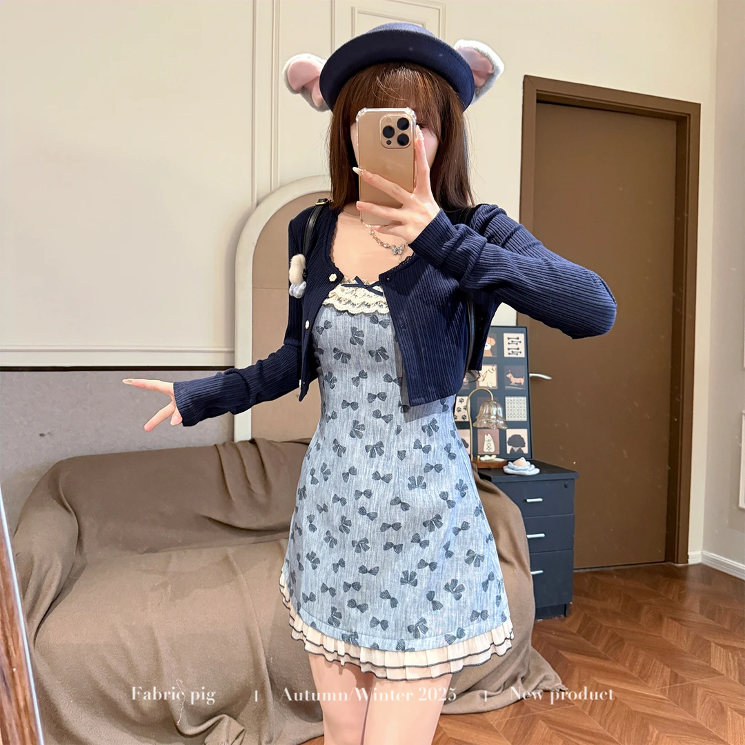 雾蓝蝶梦 织物猪原创 甜美风拼接吊带连衣裙女初秋蝴蝶结短裙子